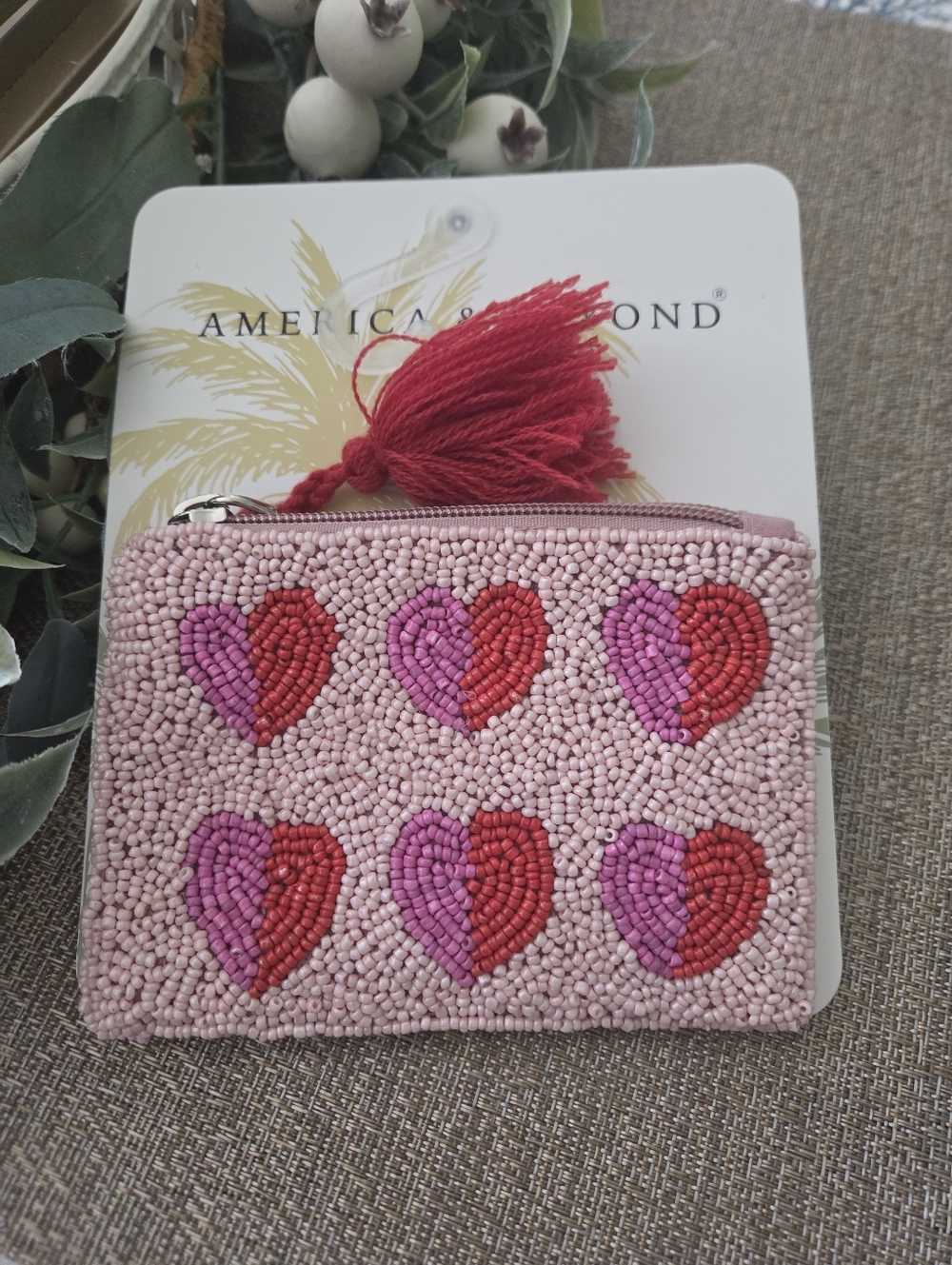 American Diamond Pink Beaded Heart Coin Purse with Red Tassel